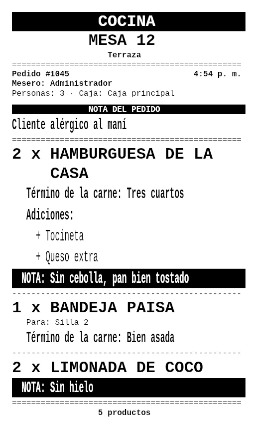 Comanda impresa para cocina, con letra grande y comentarios resaltados