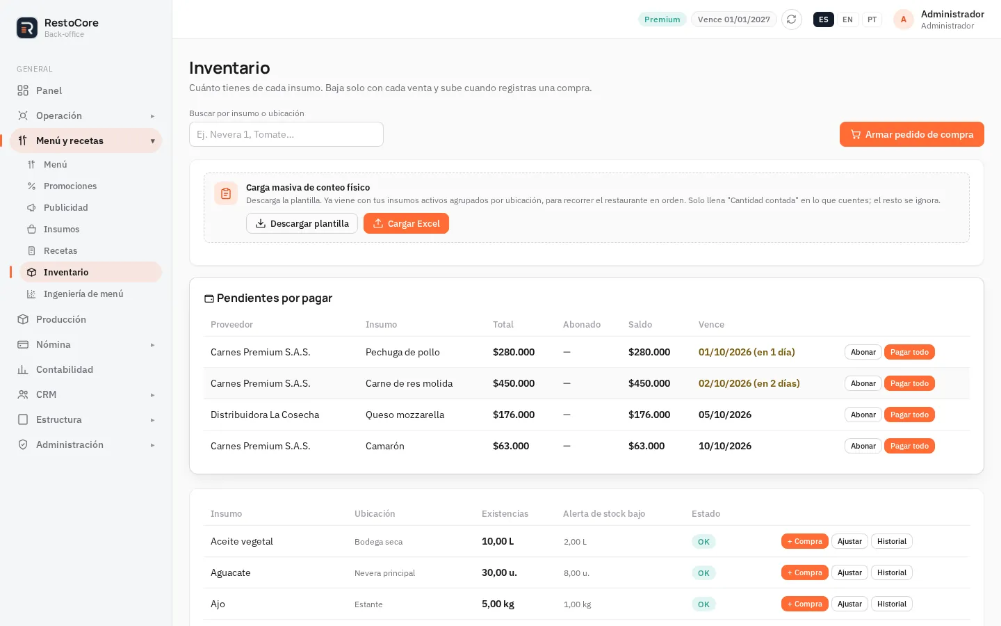 Inventario con existencias y pagos a proveedores