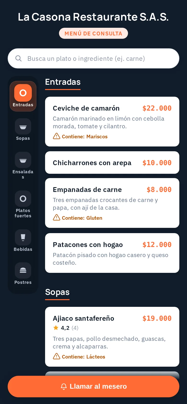 Menú QR del cliente en un celular