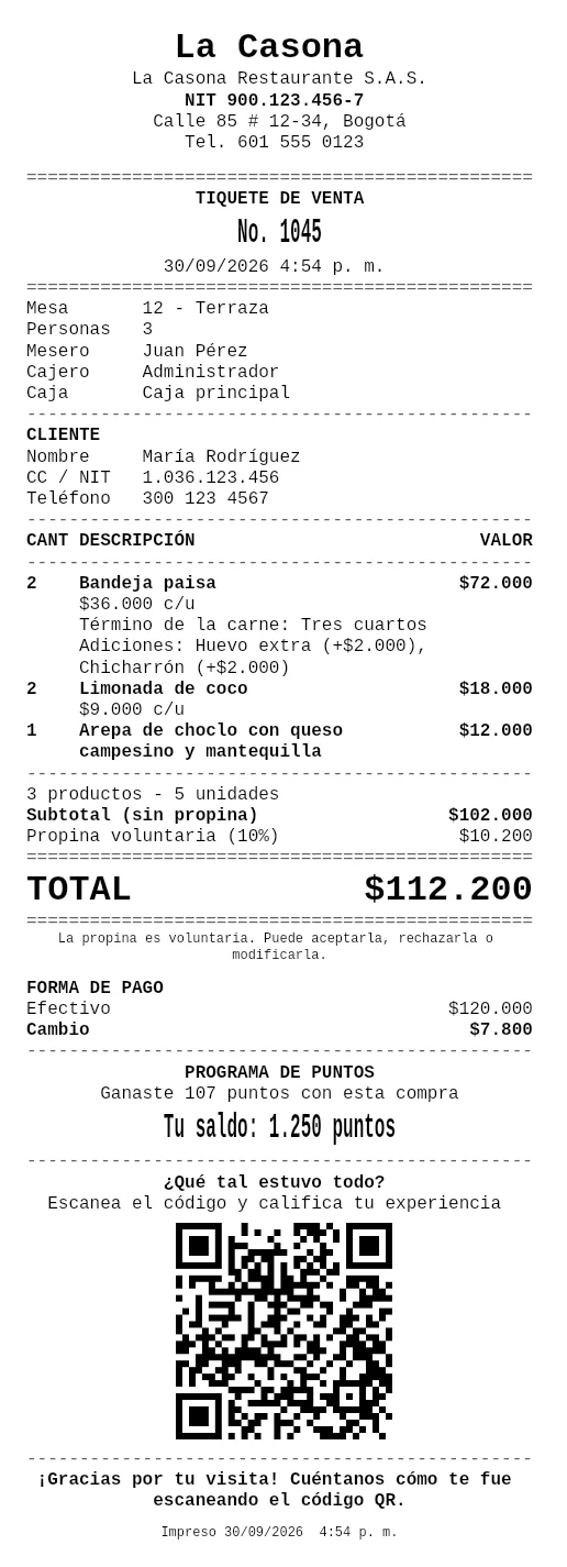 Ticket del cliente con logo, detalle, propina, puntos y QR